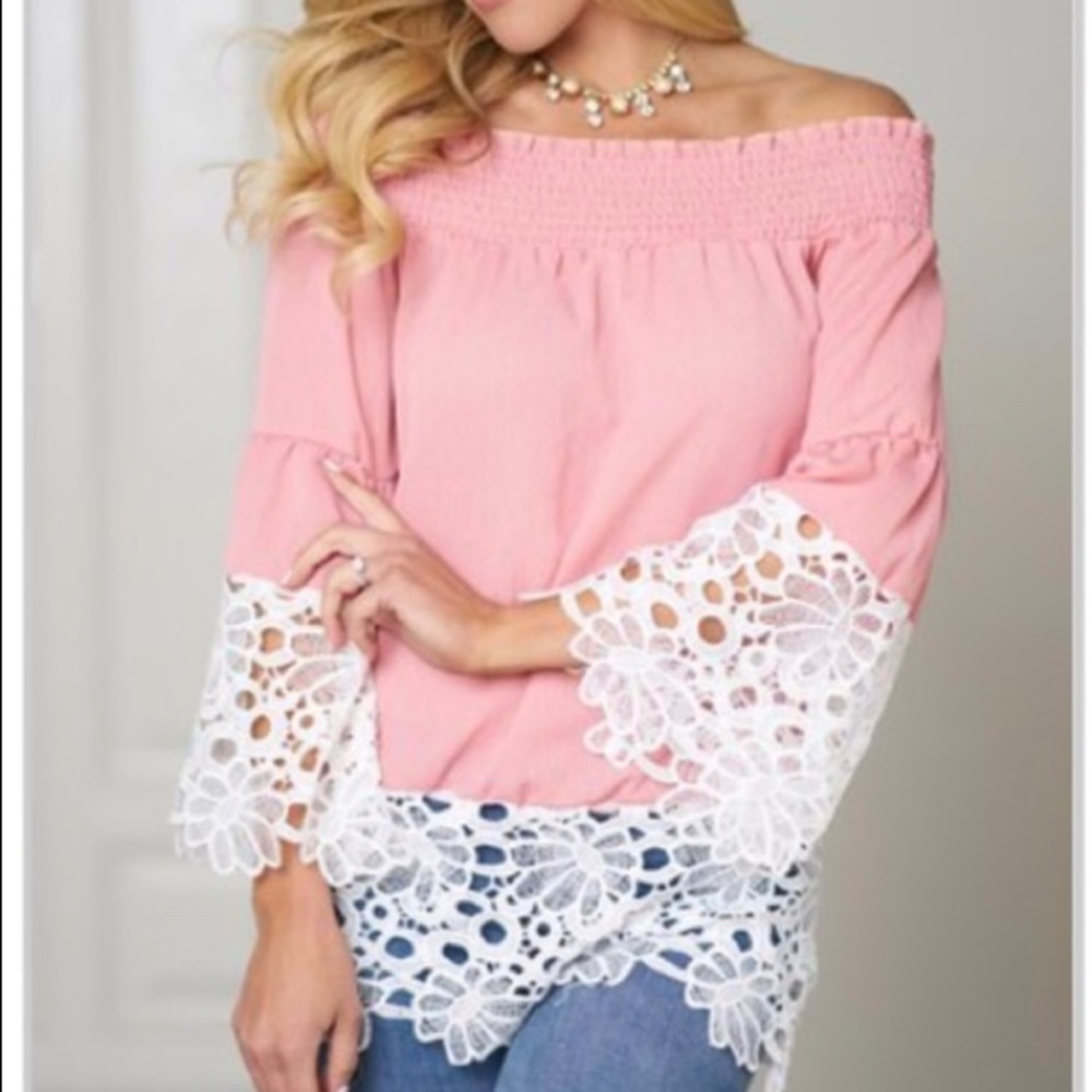 Brand New white trim open shoulder pike blouse